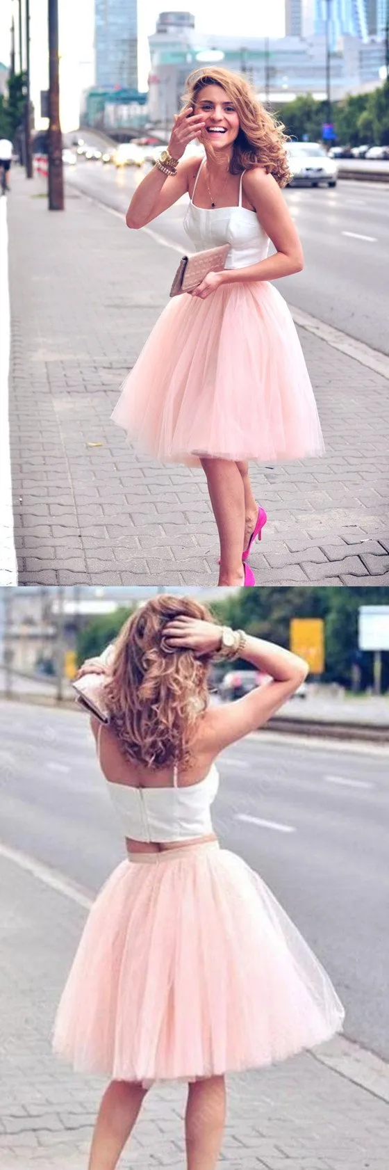 Two Pieces Cheap Spaghetti Straps Pink Tutu tulle Homecoming Dresses, HD0351