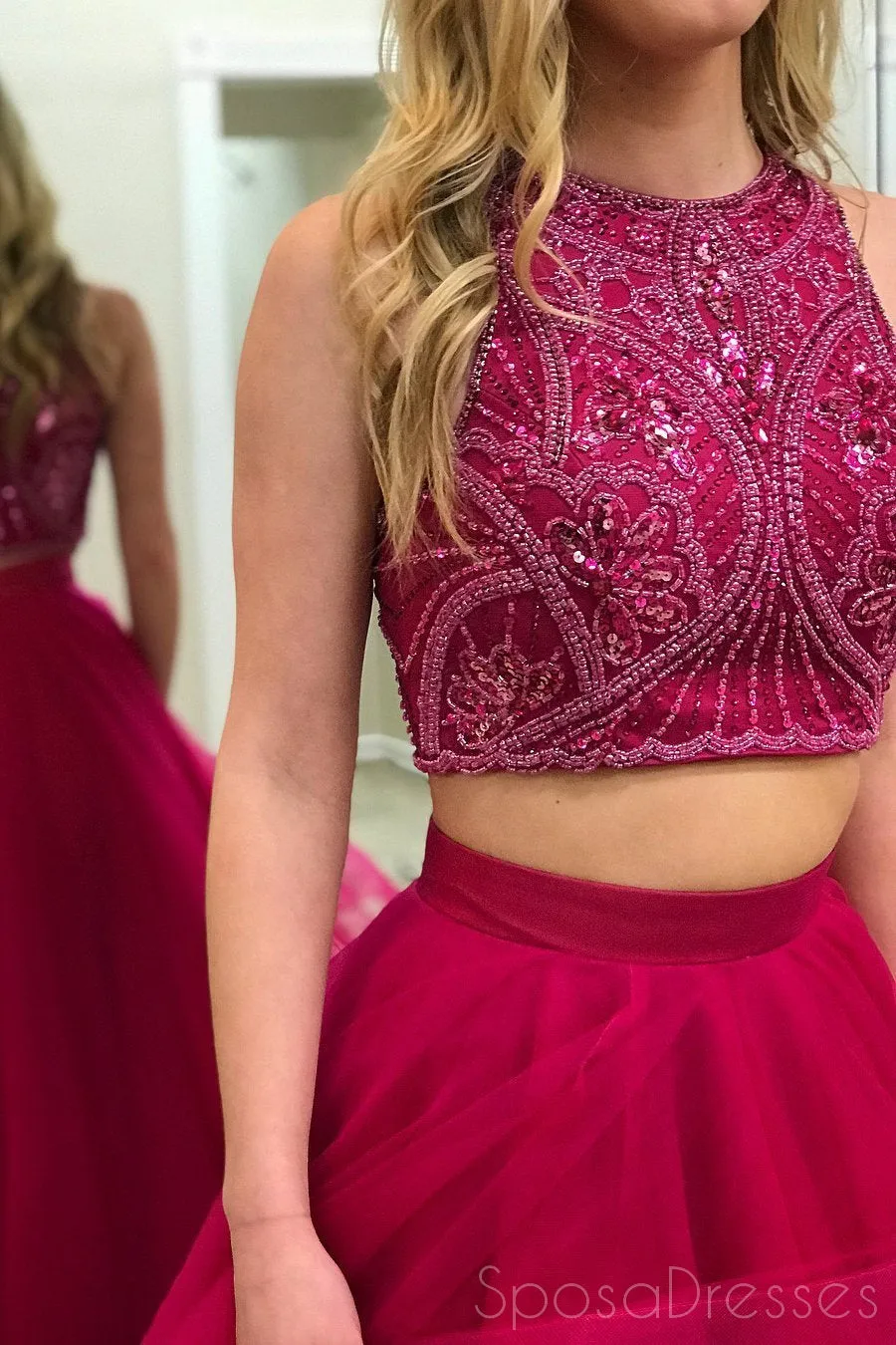 Two Pieces Heavily Beaded Ruffle Hot Pink A line Long Evening Prom Dresses, 17654