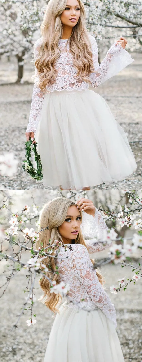 Two-pieces Lace Long Sleeves Short Tulle Homecoming Dresses, HD0511