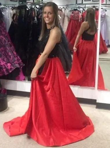Two Pieces Open Back Side Slit A-line Long Evening Prom Dresses, 17601