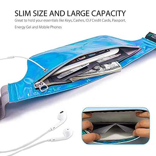 Ultra Slim Fanny Pack Holographic, Water Resistant Hologram Metallic Neon Waist Bag, Upgraded Inner Pockets, Reflective Adjustable Elastic Belt Laser Bum Bag for Rave Festival Travel Party, Neon Blue