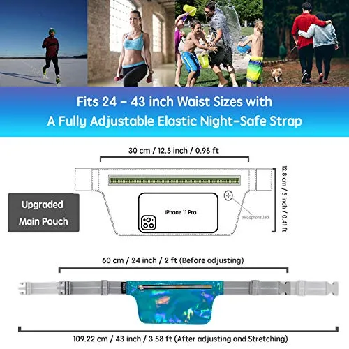 Ultra Slim Fanny Pack Holographic, Water Resistant Hologram Metallic Neon Waist Bag, Upgraded Inner Pockets, Reflective Adjustable Elastic Belt Laser Bum Bag for Rave Festival Travel Party, Neon Blue