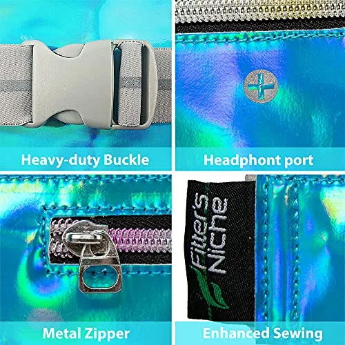 Ultra Slim Fanny Pack Holographic, Water Resistant Hologram Metallic Neon Waist Bag, Upgraded Inner Pockets, Reflective Adjustable Elastic Belt Laser Bum Bag for Rave Festival Travel Party, Neon Blue