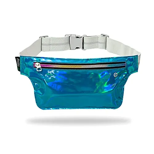 Ultra Slim Fanny Pack Holographic, Water Resistant Hologram Metallic Neon Waist Bag, Upgraded Inner Pockets, Reflective Adjustable Elastic Belt Laser Bum Bag for Rave Festival Travel Party, Neon Blue