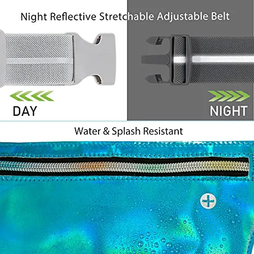 Ultra Slim Fanny Pack Holographic, Water Resistant Hologram Metallic Neon Waist Bag, Upgraded Inner Pockets, Reflective Adjustable Elastic Belt Laser Bum Bag for Rave Festival Travel Party, Neon Blue