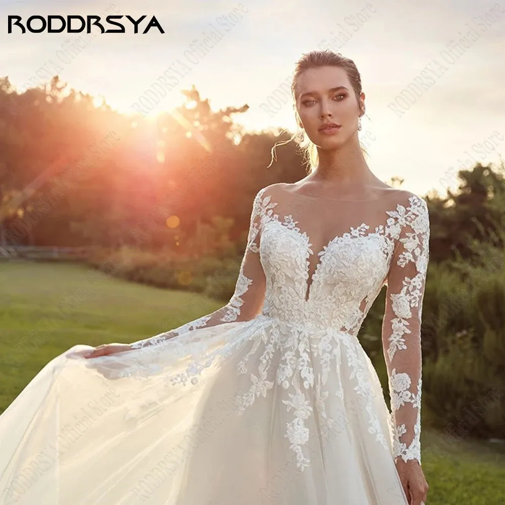 Wedding Dresses For Woman Long Sleeves Illusion Back Scoop Bride Gowns