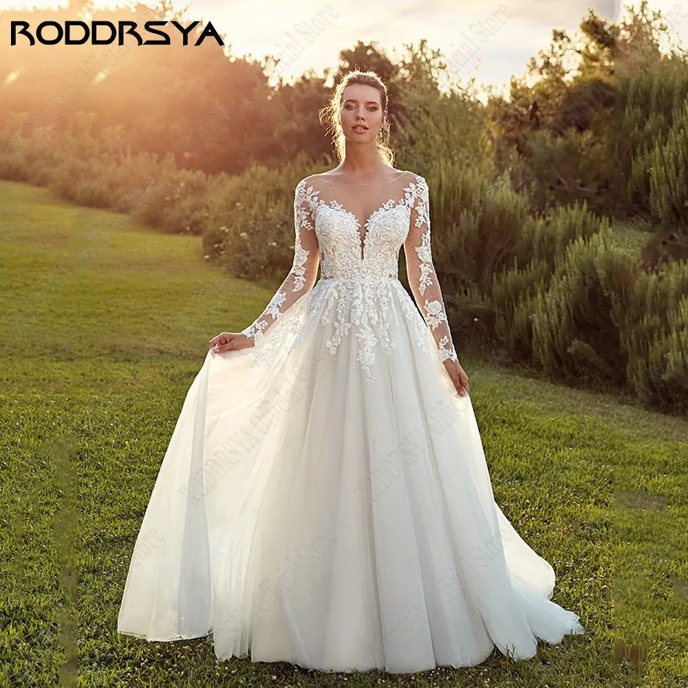 Wedding Dresses For Woman Long Sleeves Illusion Back Scoop Bride Gowns