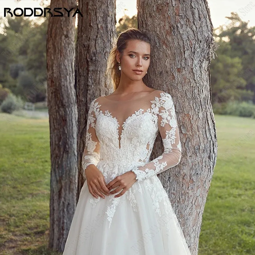 Wedding Dresses For Woman Long Sleeves Illusion Back Scoop Bride Gowns