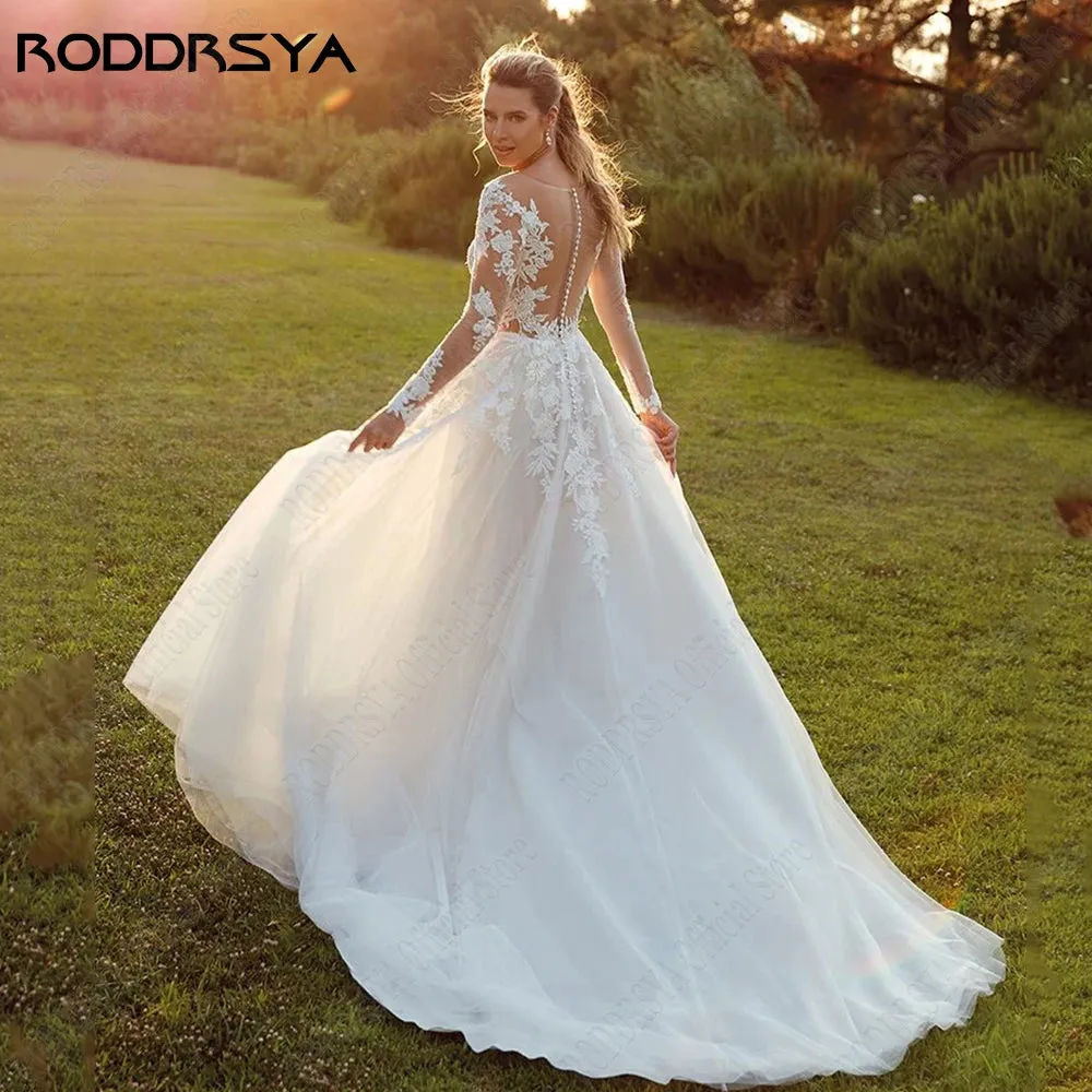 Wedding Dresses For Woman Long Sleeves Illusion Back Scoop Bride Gowns