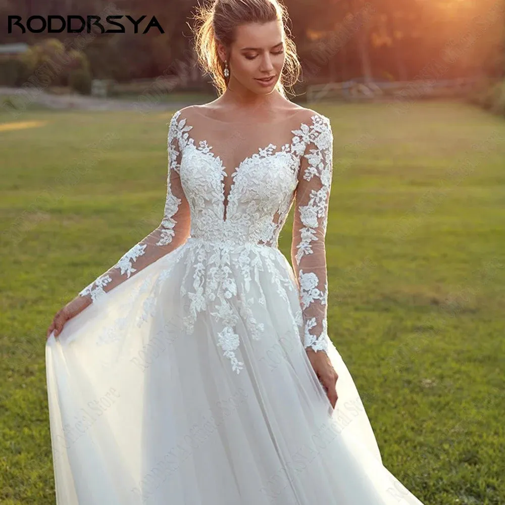 Wedding Dresses For Woman Long Sleeves Illusion Back Scoop Bride Gowns