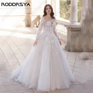 Wedding Dresses For Woman Puff Sleeves Backless O-Neck Bride Gowns
