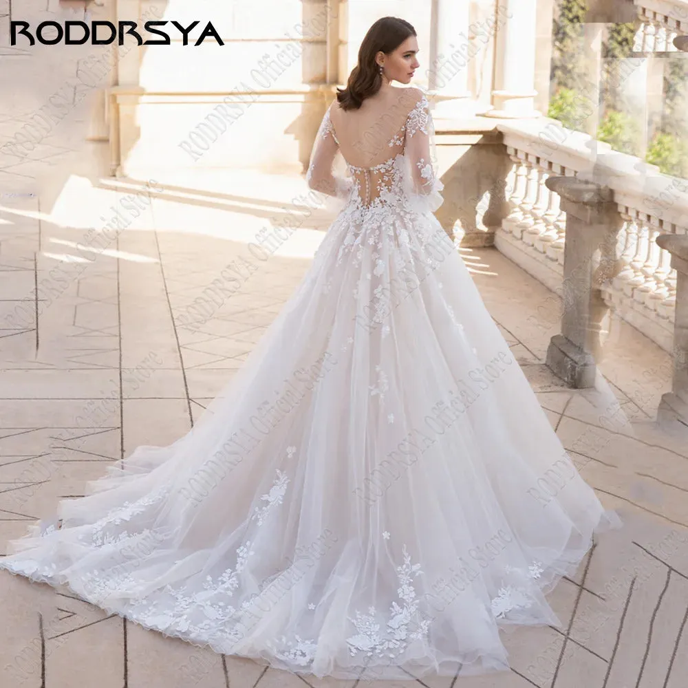 Wedding Dresses For Woman Puff Sleeves Backless O-Neck Bride Gowns
