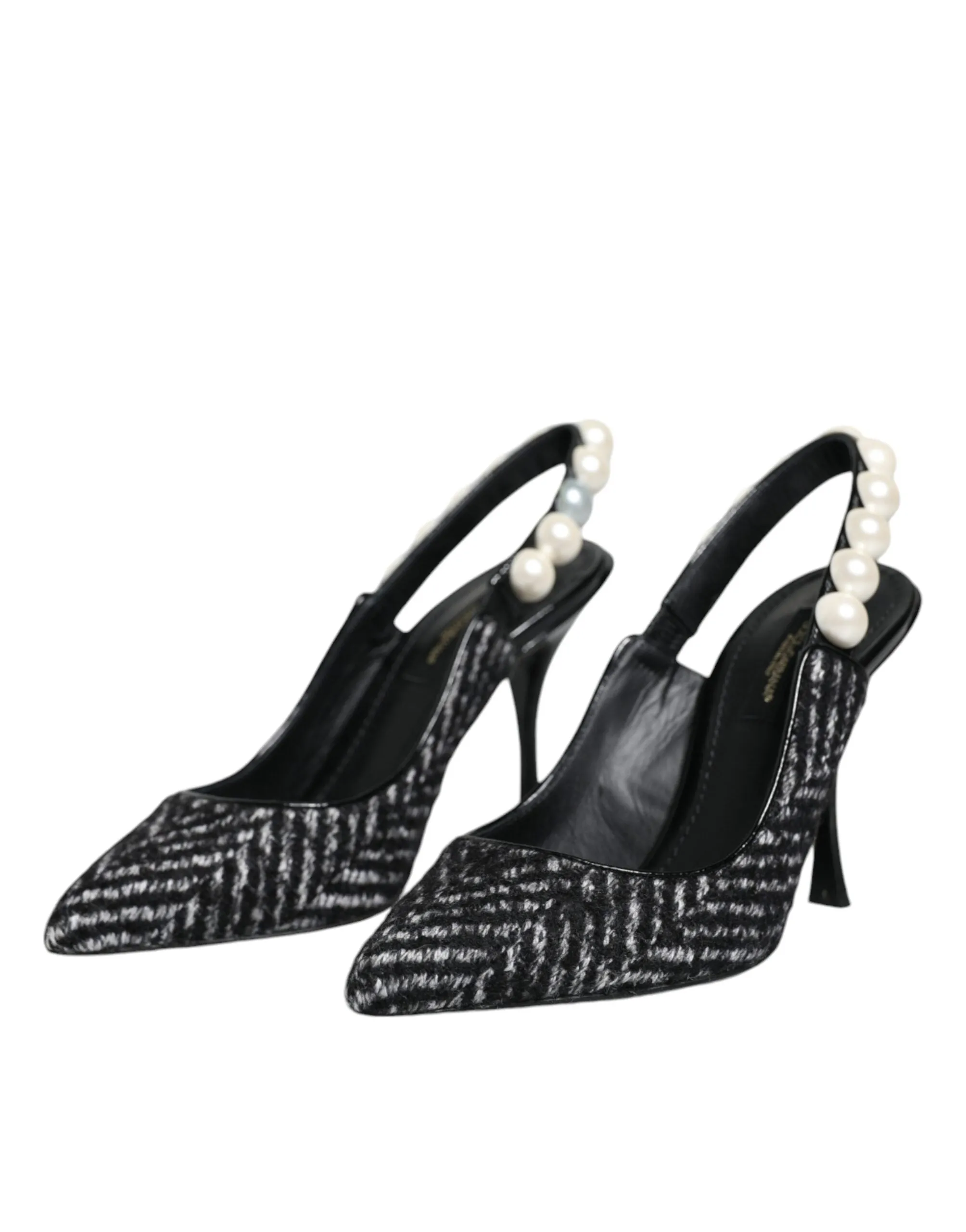 White Black Chevron Faux Pearl Slingback Shoes