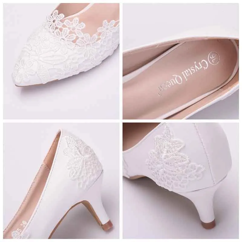 Women Low Heels Closed Toe Pumps Pointy Wedding Bridal Shoes with Stitching Lace