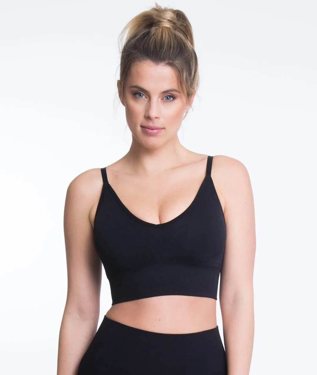 Women's CLIMAWEAR TRINE Bra - Long Line Sport Bra - Double Layer Seamless Knit - Adjustable Straps - V-Neck in Black, Sz S!