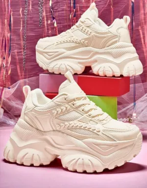 Women's Elegant Solid Color Fashionable Wedge Heel Sports Shoes, Beige, With Platform,